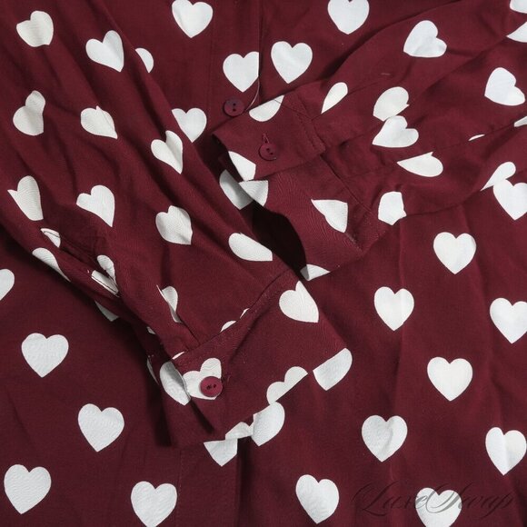 L'AGENCE Small Holly Heart Printed Button Up Blouse Spread Collar Burgundy Ivory - Picture 7 of 8